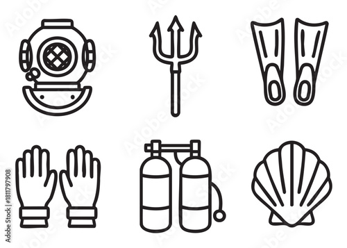 Collection of black and white line art icons representing scuba diving and underwater exploration, including a vintage helmet, trident, flippers, and seashell