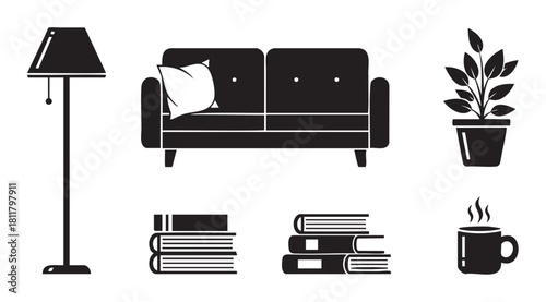 Set of black and white silhouette icons representing cozy living room furniture and home decor items, including a sofa, lamp, plant, books, and a hot beverage mug