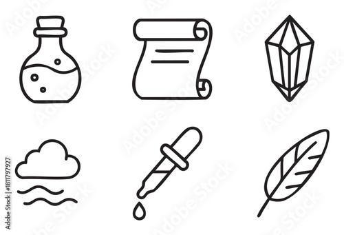 Collection of minimalist black line art icons representing magic and alchemy, featuring a potion, scroll, crystal, feather, dropper, and fog symbol
