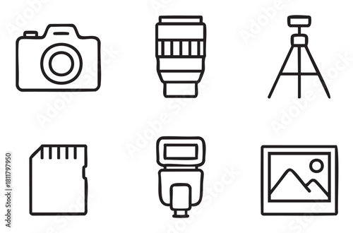 Minimalist black outline icon collection for photography, featuring a camera, lens, tripod, flash, memory card, and a framed photo