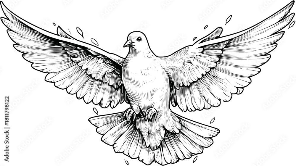 Obraz premium Majestic white dove in flight illustration with wings spread, a symbol of peace, freedom, and hope. Detailed hand-drawn black and white graphic design.