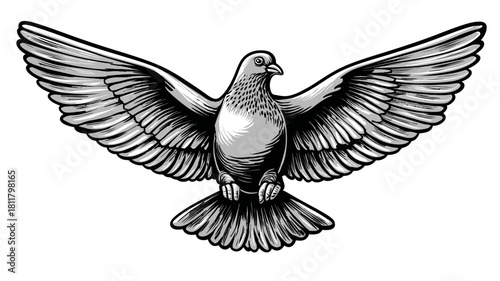 Hand-drawn style black and white illustration of a graceful dove with open wings, representing peace, freedom, and spirituality.