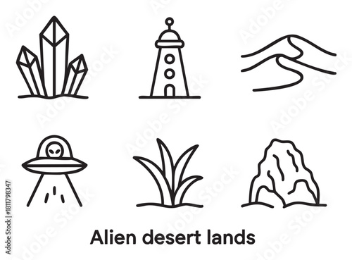Set of six minimalist line icons depicting elements of a science fiction alien desert landscape, including crystals, a tower, dunes, a UFO, a plant, and a rock formation