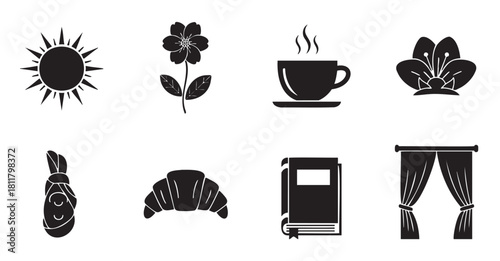 Collection of black silhouette icons representing a pleasant morning routine, including sun, coffee, croissant, and a book