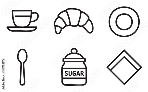 Collection of simple black outline icons for a cafe or bakery, featuring a coffee cup, croissant, sugar bowl, spoon, plate, and napkin