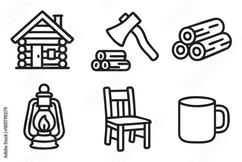 Collection of minimalist black outline icons for camping and outdoor adventure themes, featuring a log cabin, axe, firewood, lantern, chair, and mug