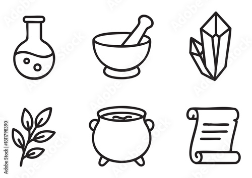 Set of simple black line art icons representing magic, alchemy, and witchcraft, including a potion flask, cauldron, crystal, scroll, mortar and pestle, and herbs