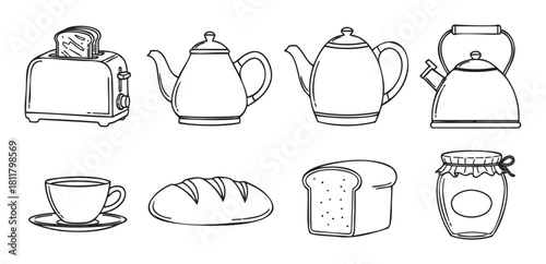 Hand-drawn doodle collection of breakfast essentials including a toaster, teapots, a kettle, fresh bread, a jar of jam, and a teacup, presented in a simple sketch style