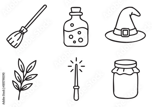 Charming set of hand-drawn doodle icons representing witchcraft and magic, featuring a witch hat, broom, potion, wand, herb, and jar in a simple black outline style