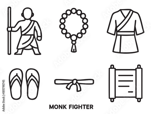 Set of black and white line icons representing a warrior monk and their traditional gear, such as a staff, tunic, prayer beads, belt, and ancient scroll, in a simple vector style