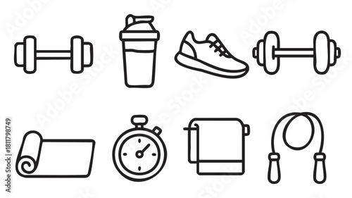 Collection of simple outline icons for fitness and workout concepts, featuring a dumbbell, sneaker, stopwatch, yoga mat, and other gym accessories