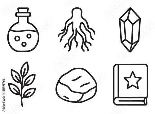Set of six minimalist black line art icons representing magical and alchemical items like a potion, crystal, spellbook, and mandrake root