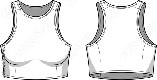 Women’s athletic crop top design, front and back technical fashion sketch, sports bra tank top template, cad drawing flat vector illustration