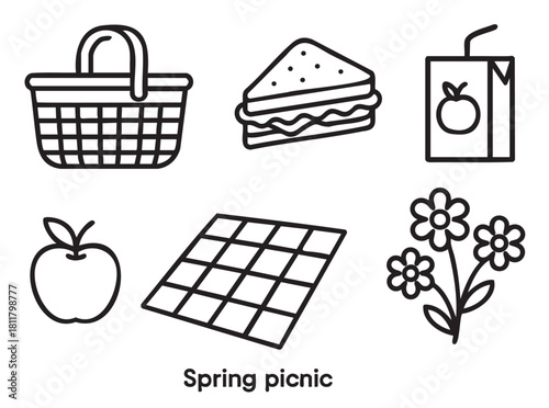 Set of black and white line art icons for a spring picnic, including a basket, sandwich, juice, apple, blanket, and flowers