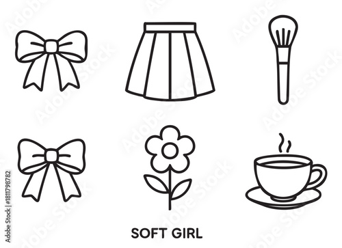 Collection of minimalist black line icons representing a gentle, feminine aesthetic, including a bow, pleated skirt, makeup brush, flower, and coffee cup
