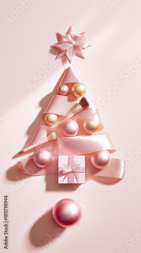 Flat lay, a silk ribbon shaped like a Christmas tree with cosmetic brushes and baubles. Beauty and inspiration for festive makeup for New Year's