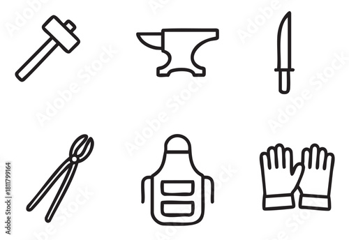 Blacksmith and metalworking tools icon collection in a simple line art style, showing a hammer, anvil, knife, tongs, apron, and gloves