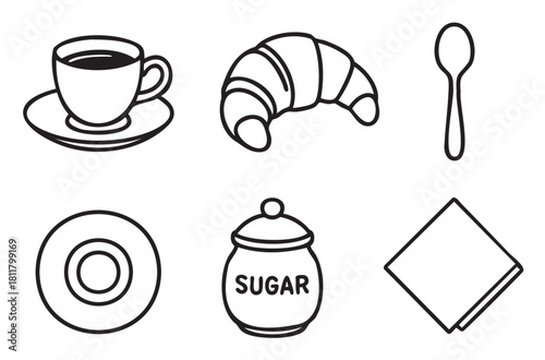 Simple black line art icon collection for a coffee break or breakfast, featuring a cup, croissant, sugar pot, spoon, plate, and napkin