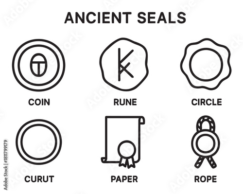 Collection of six minimalist line art icons representing ancient seals, runes, coins, and scrolls