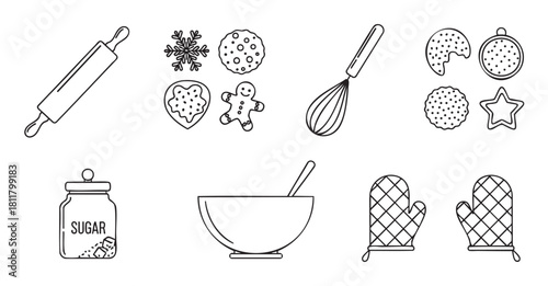 Collection of minimalist black and white line art icons featuring various baking tools and holiday cookies, including a rolling pin, whisk, oven mitts, and gingerbread man