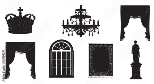 Set of regal and vintage interior design elements shown as black vector silhouettes, including a crown, chandelier, window, rug, and statue