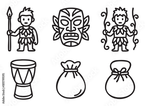 Collection of minimalist black line art icons representing tribal culture, featuring a warrior with a spear, a ceremonial mask, a djembe drum, and simple sacks