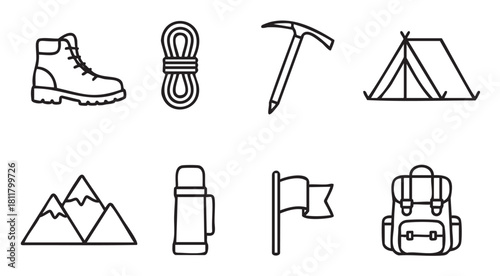 Minimalist set of black line art icons for hiking, camping, and mountaineering, including a boot, rope, ice axe, tent, mountains, thermos, flag, and backpack