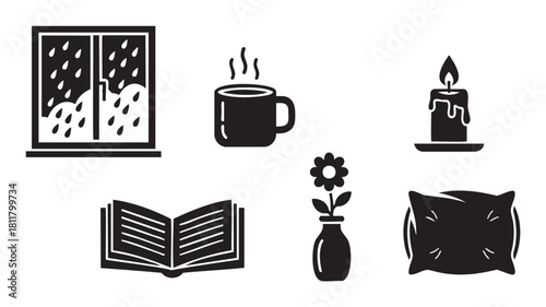 Set of black silhouette icons representing a cozy rainy day at home with a book, hot drink, candle, flower, and pillow, illustrating comfort, relaxation, and self-care