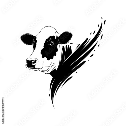 Hand drawn black and white cow head with expressive brush strokes for a rustic farm feel