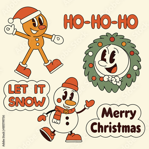 Retro cartoon Christmas characters and festive phrases including gingerbread man, snowman, and wreath.