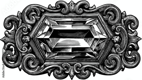 Ornate vintage engraved gemstone with intricate decorative frame. Antique-style black and white illustration of a precious jewel.