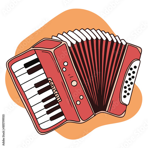 A vibrant red accordion with white keys and bellows, depicted in a stylized illustration on an orange background.