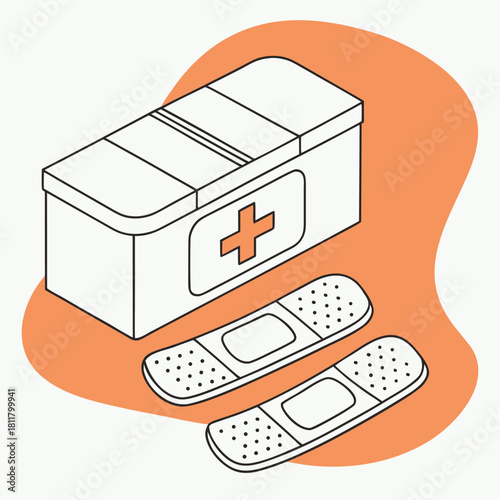 Isometric illustration of a white first aid kit box with a red cross symbol and two band-aids on an orange background.