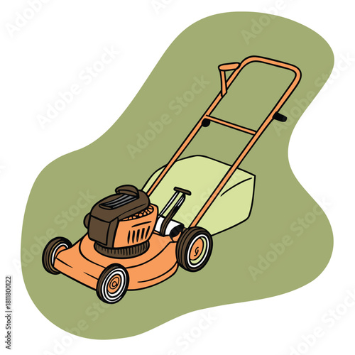 An orange and brown push lawnmower with a grass collection bag, set against a green background.
