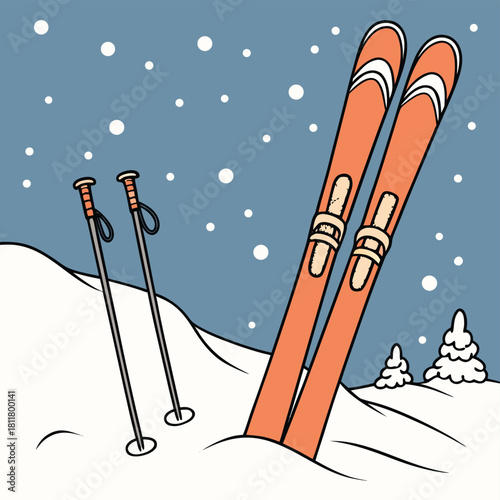A vibrant illustration of orange skis and poles standing in fresh snow on a winter day with snowflakes falling.