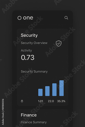 Mobile app interface showcasing security overview with a shield icon, financial data, and bar graphs, providing a comprehensive dashboard experience for users on a sleek, modern design