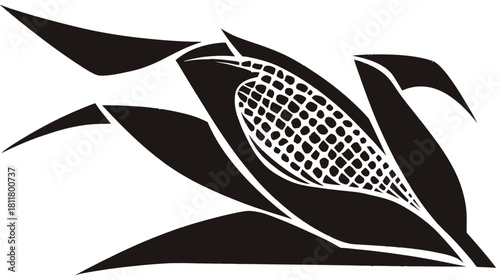 Stylized Black and White Vector Illustration of a Corn Cob with Husk and Leaves, Agriculture and Harvest Design Element.