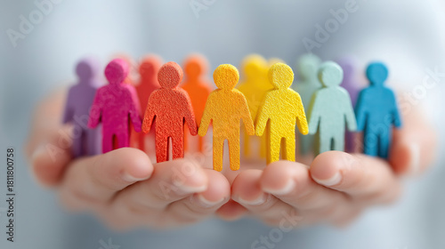 Hand holding diverse ragdoll figures showing workplace diversity inclusion and teamwork
