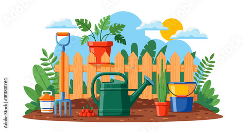 Cozy Garden Scene Gardening Tools, Plants, and Sunshine Vector