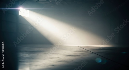 Sunlight streams through barred window into large, dim industrial space