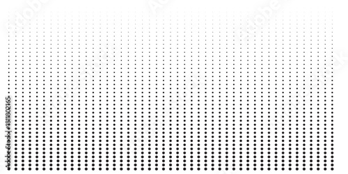 Abstract black and white halftone dot gradient pattern fading from dense black dots to sparse light dots upwards.