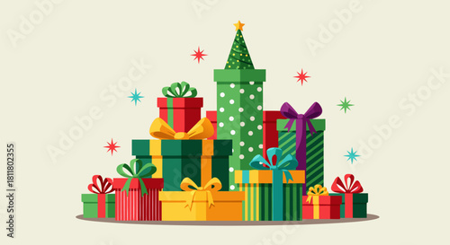 A Generous Pile of Beautifully Wrapped Christmas Presents with Festive Decorations and Stars in a Colorful Illustration