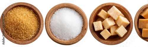 Wooden bowls filled with various granulated sweeteners
