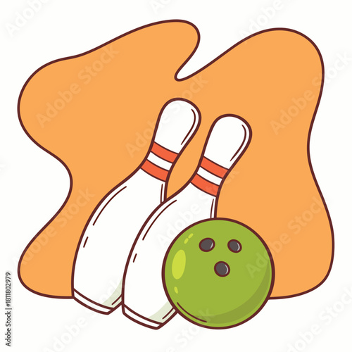 Cartoon illustration of two white bowling pins with red stripes and a green bowling ball on an abstract orange background.