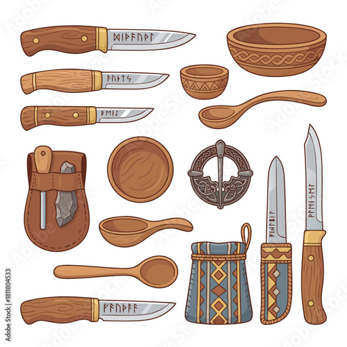 Viking Age Artifacts and Tools Collection with Knives, Wooden Bowls, and Brooch