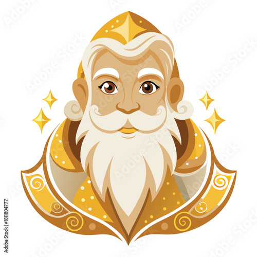 A golden wizard with a white beard isolated on is smiling
