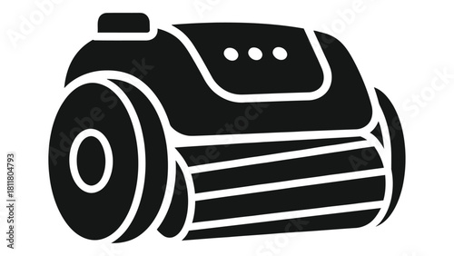 Black and white icon of a smart pool cleaner robot designed for automatic water cleaning maintenance, isolated on white