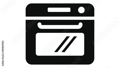 Simple black icon of a smart oven featuring a digital display area and handle, symbolizing intelligent temperature contr