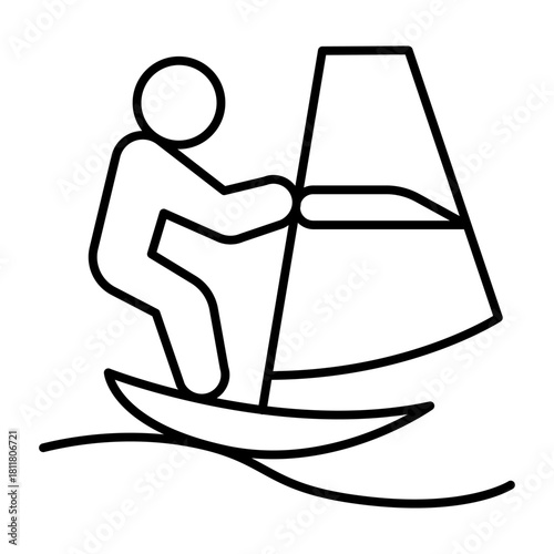 Surfer man on warter wave thin line icon, summer sports concept. Vector graphics. Athlete man on a surfboard with sail, sport sign on white background, style icon mobile or web design.