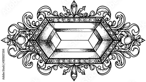 Elegant hand-drawn vintage jewelry brooch illustration with a large faceted gemstone, intricate scrollwork, and decorative accents.